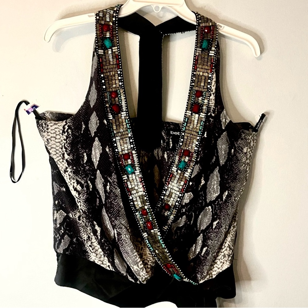 New, Bebe Beaded Snake Print Top Silk Blouse